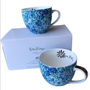Lilly Pulitzer Set of 2 Ceramic Mugs Blue Purple Green White Gold